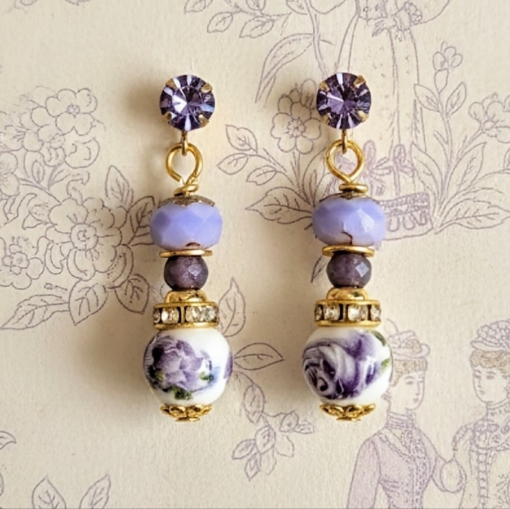 Elegant Gold And Purple Drop Earrings